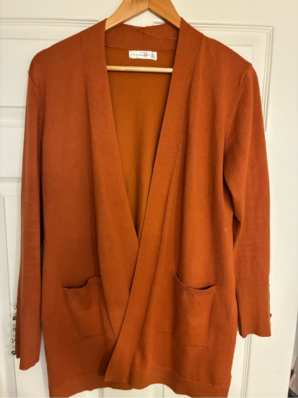 Open-Front Rust Lightweight Knit Cardigan with Pocket Detail
